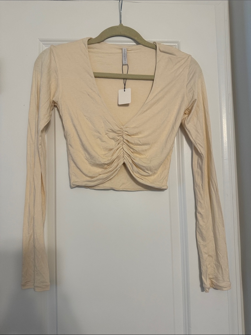 NWOT! Indah Ruched V-Neck Long Sleeve Crop Top in Cream